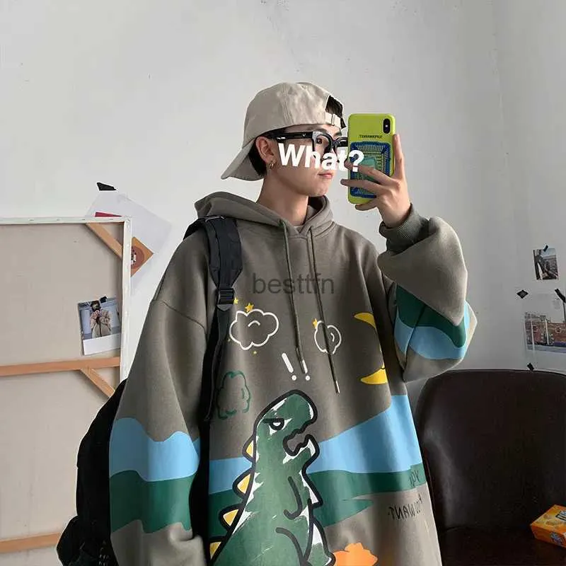 Herrtröjor tröjor herr hoodies college tecknad dinosaurie söt lat stil huvkläder höst japansk streetwear casual par bomull231003