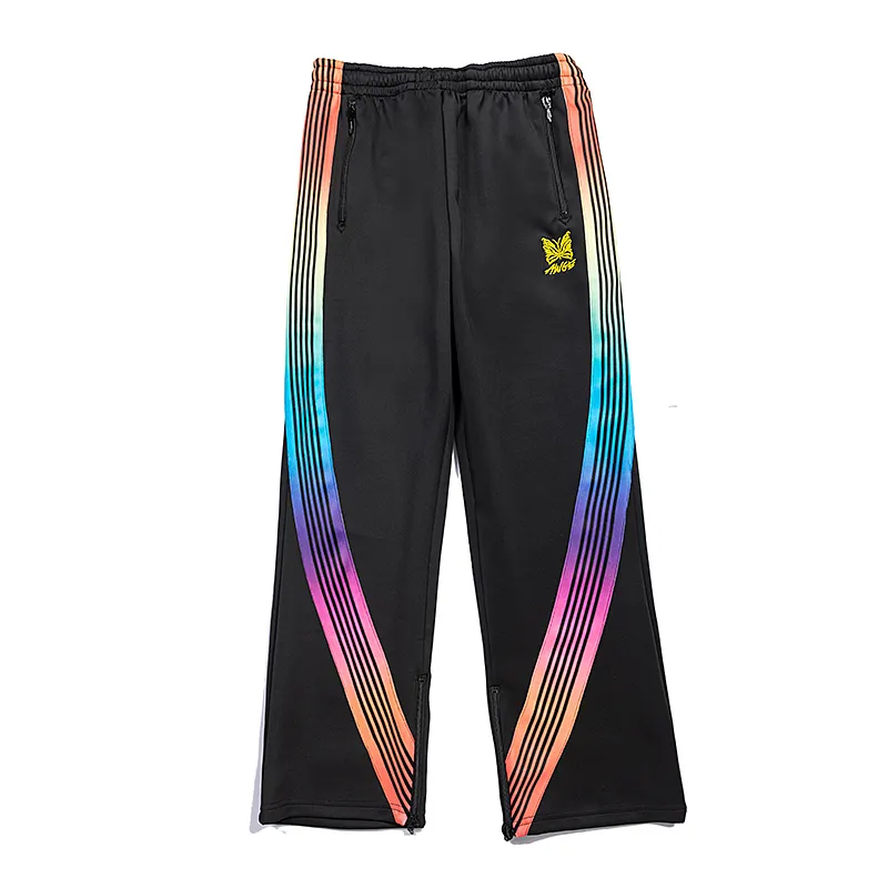 Men's Pants NEEDLES Arrival Sweatpants Purple Butterfly Embroidery Green Webbing Track Stripe Trousers Zipper 1:1 Men Women Oversize