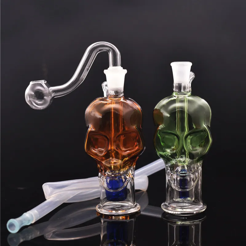 Mini Skull Glass Bong Oil Burner Pipes Shisha Hookah Dab Rig Fumar Tubo de Água Filtro Beaker Bubbler com 10mm Masculino Tubo de Queimador de Óleo de Vidro e Mangueira