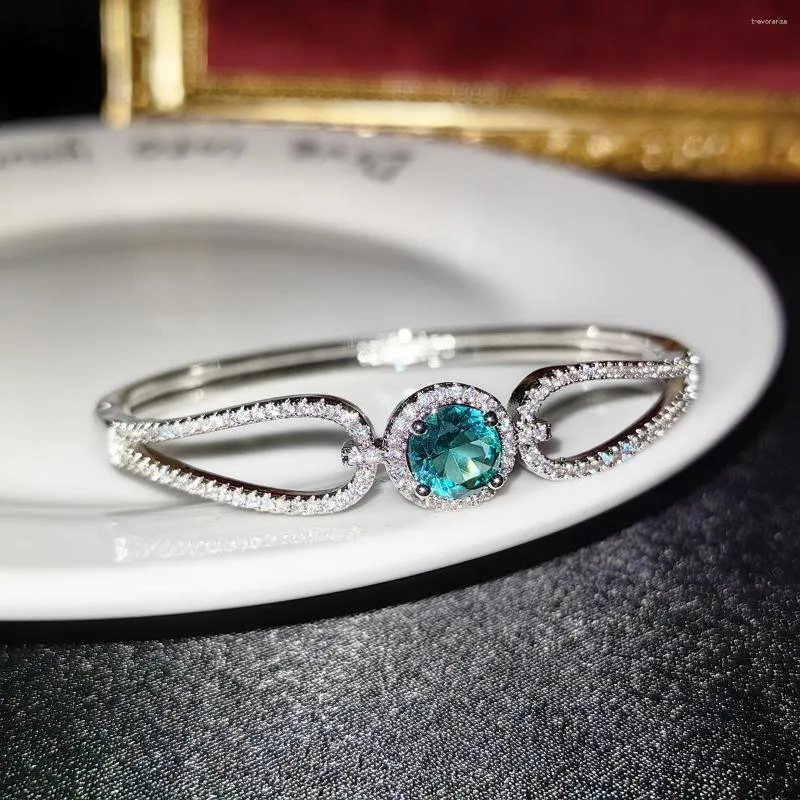 Bangle Corte de Luxo 2.0CT Azul Zircão Verde para Mulheres Charme Cristal Casamento Banquete Festa Jóias