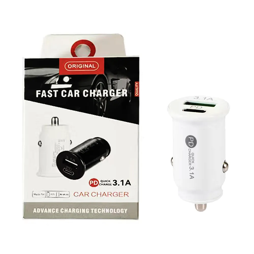 Chargeur de voiture 3.1A Double ports à haute vitesse PD USB-C TYPE C CHARGEUR AUTOPER AUTOPER ADAPPORTS CHARGERS POUR IPAD IPHIPHE 15 14 Plus 13 Samsung HTC Android Phone With Retail Box 848DDD