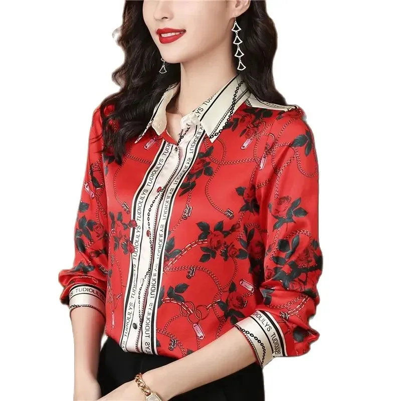 Luxury Fashion Floral Satin Red Shirt Women Designer Långärmning LAPEL GLOSSY SILK BLOUSES 2023 Autumn Winter Graphic Button Up Shirts Office Ladies Chic New in Tops