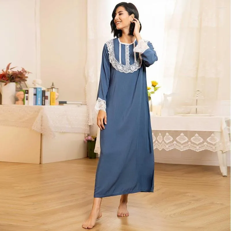 Pijamas femininos azul europeu e americano longo vestido de dormir renda manga casa