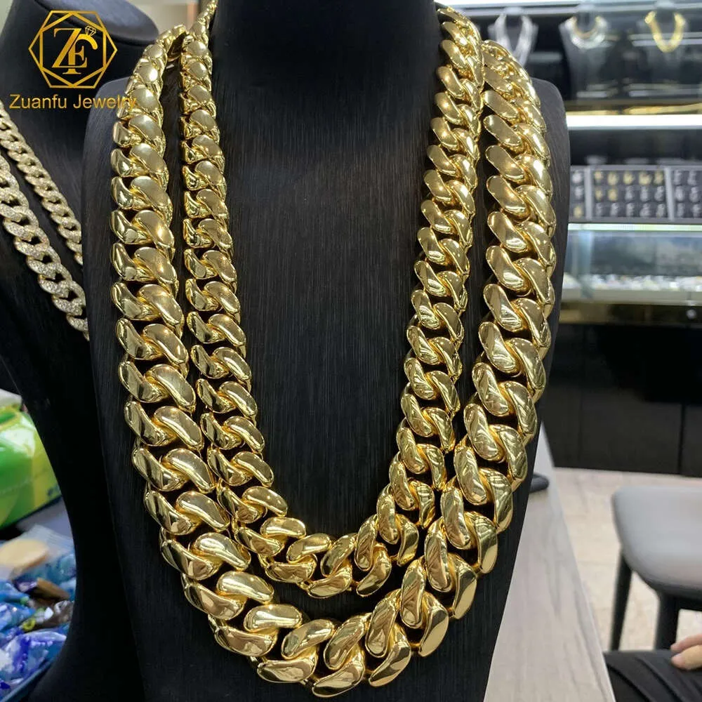 Marca de moda mujer Venta al por mayor Joyería de Hip Hop 20 mm Lujo 10 k 14 k 18 k Chapado en oro real Collar de cadena de eslabones cubanos sólidos personalizados de Miami para hombres