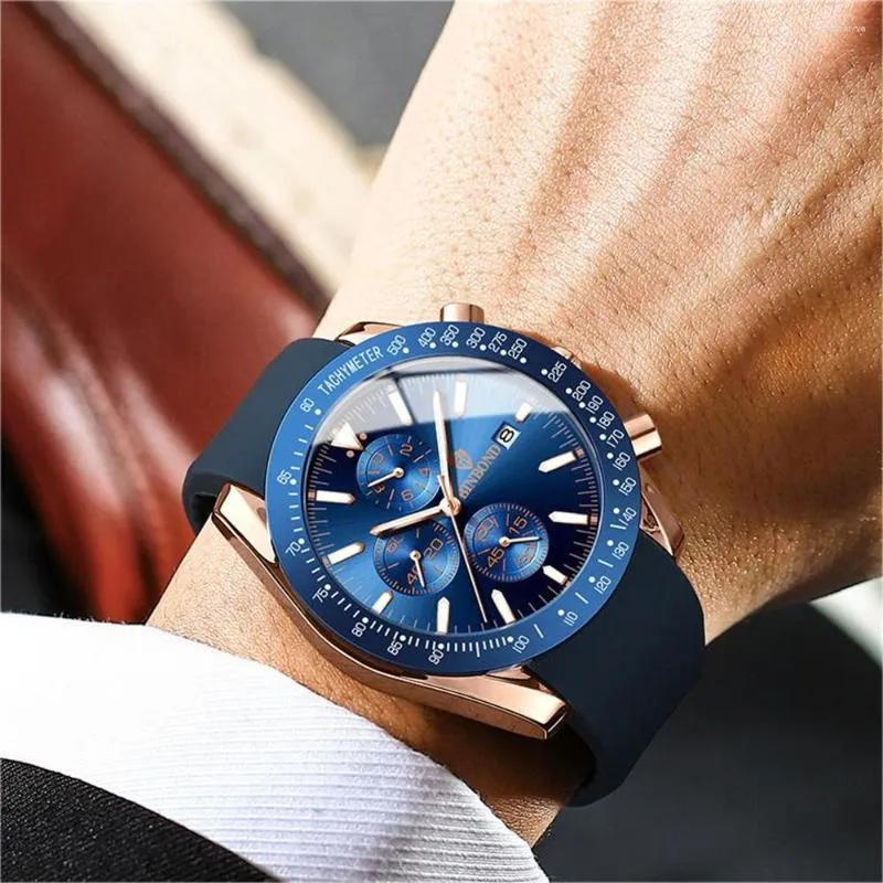 Wristwatches Men's Business Watch Waterproof Quartz Wristwatch Silicone Strap Snap Buckle Tachymeter Stop Luminous