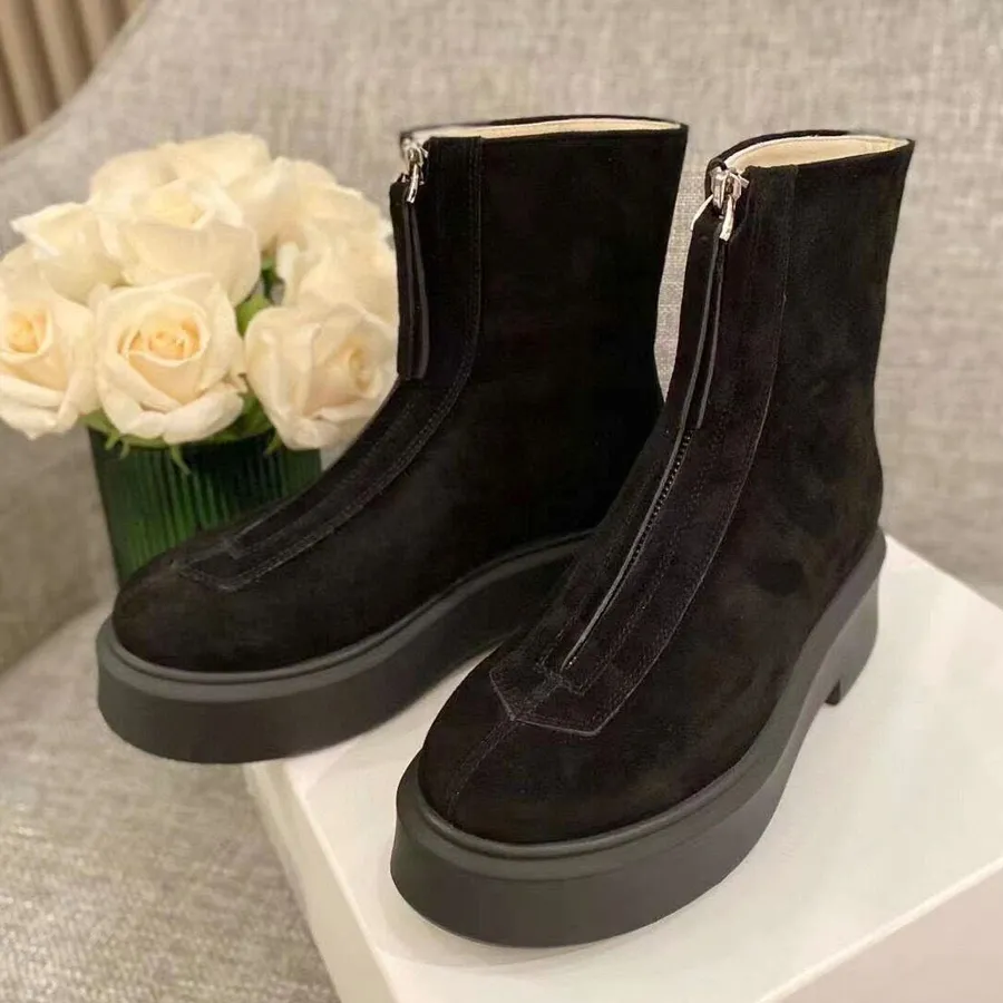 The Row Zipper Platform Leather Ankle Boots Martens Knight Combat Booties  Luxury Designer Boots for Women Gril Black White Brown