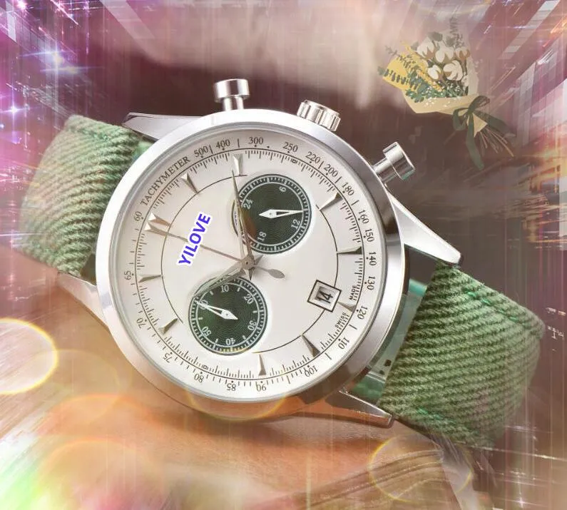 Sub-wijzerplaten Werkende automatische datum Heren Stopwatch Horloges Populaire stof Nylon band Quartz uurwerk Klokset Auger Pijlpinnen Horlogegeschenken Relogio Masculino