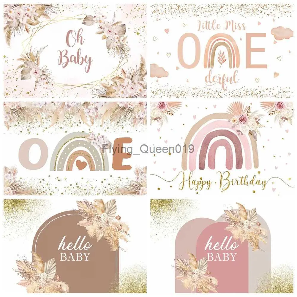 Bakgrundsmaterial Baby 1st Birthday Boho Backdrops Photography Sunshine Rainbow Flower Farterfly Boys Girls Födelsedagsfest Bakgrund Foto Studio YQ231004