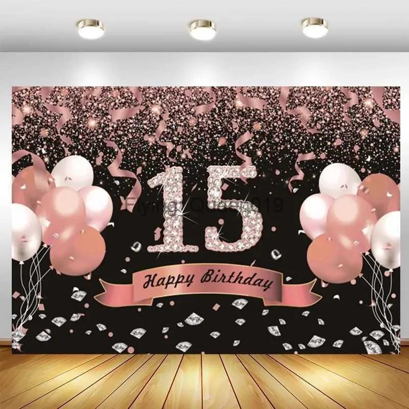 Bakgrundsmaterial Happy 15th Birthday Backdrop Rose Gold Boys Girls 15 år gammal födelsedagsfest Anpassad foto Bakgrund Dekoration Banner YQ231003