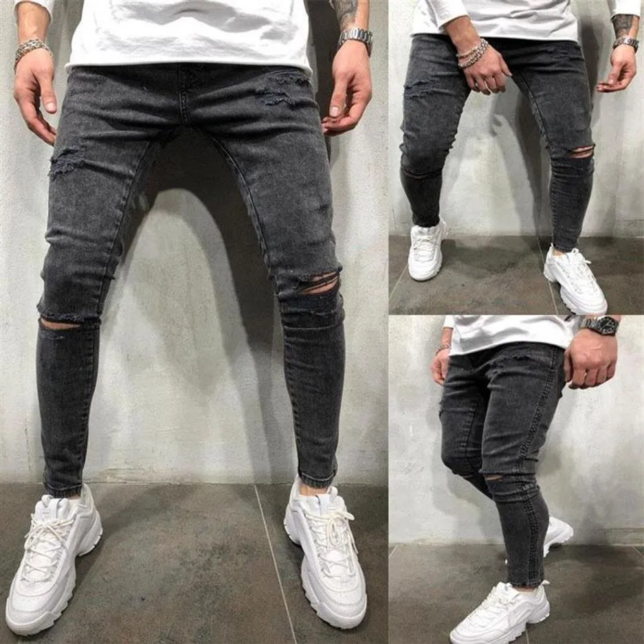 Jeans para hombres 2021 Hombres Skinny Ripped Hole Biker Denim Lápiz Pantalones Negro Azul Destruido Frayed Fit Jean Slim Streetwear Trouser306c