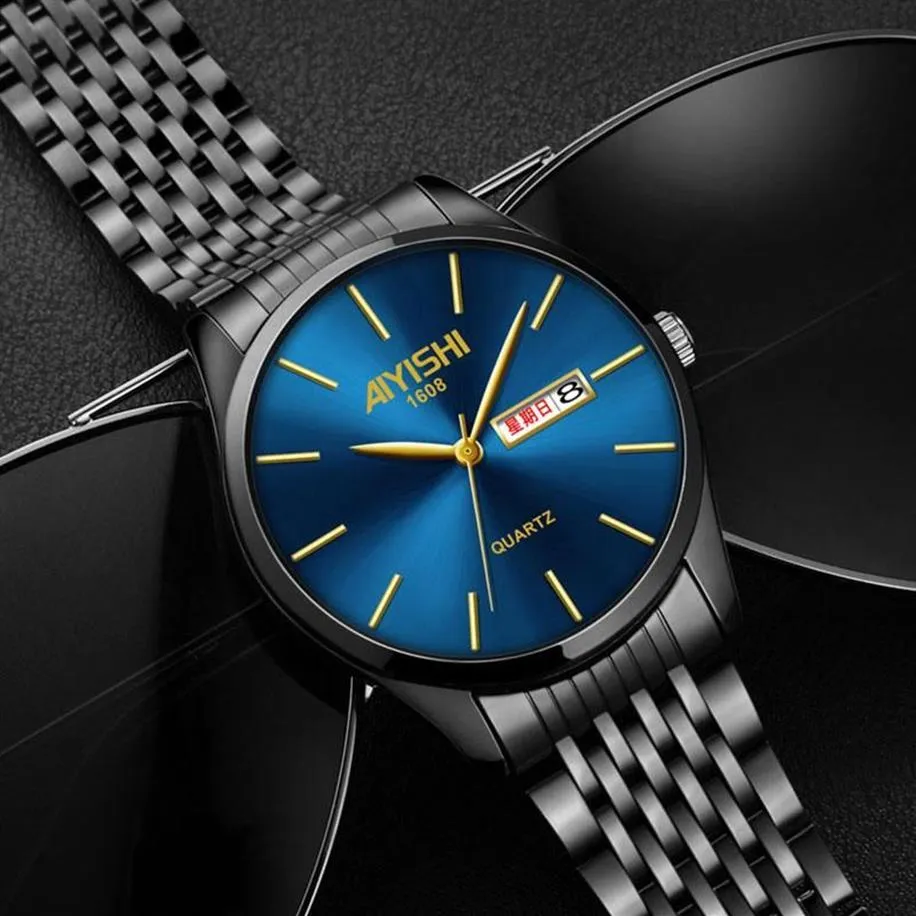 Armbandsur cool matt svart blå stålklocka män auto date week funktionell affärsbrist för man 2021 klockor topp292s