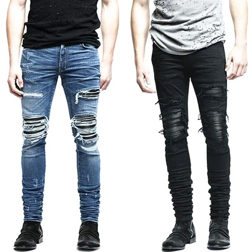 Heren skinny jeans verontruste gescheurde biker slim fit motorfiets biker denim voor herenmode mans zwarte pants221d