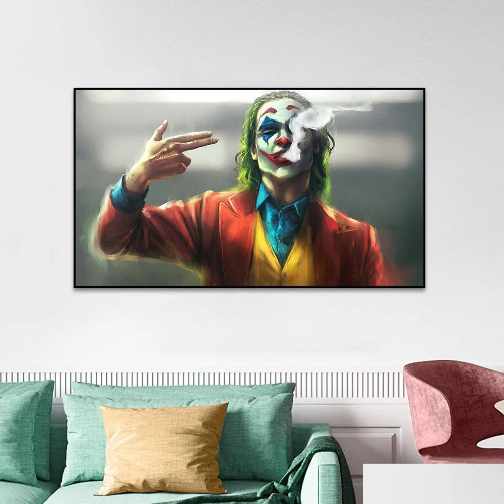 Schilderijen De Joker Roken Poster En Print Graffiti Art Creatieve Film Olieverfschilderij Muur Foto Voor Woonkamer Decor D Dhxnb