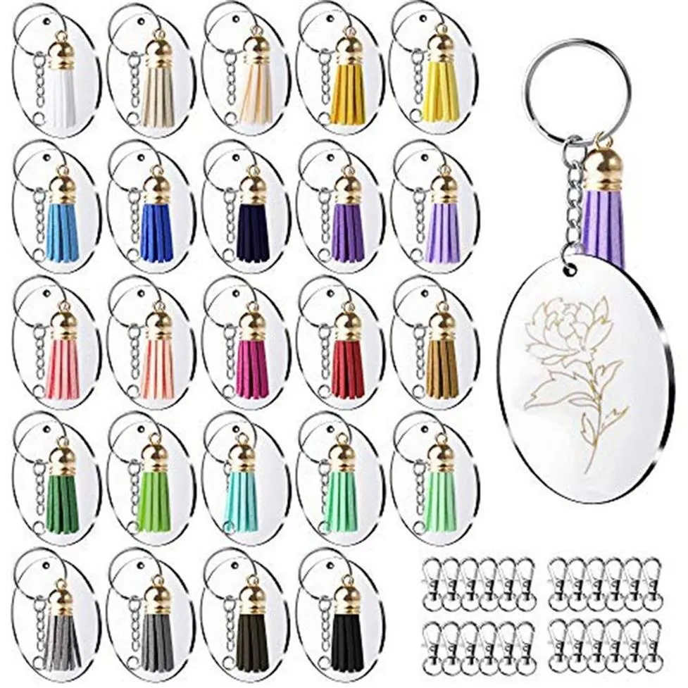 100st akrylnyckelringsämnen med Circle Clear Keychain Hooks Leather Tassel Pendant Keychains för DIY och Crafts233w