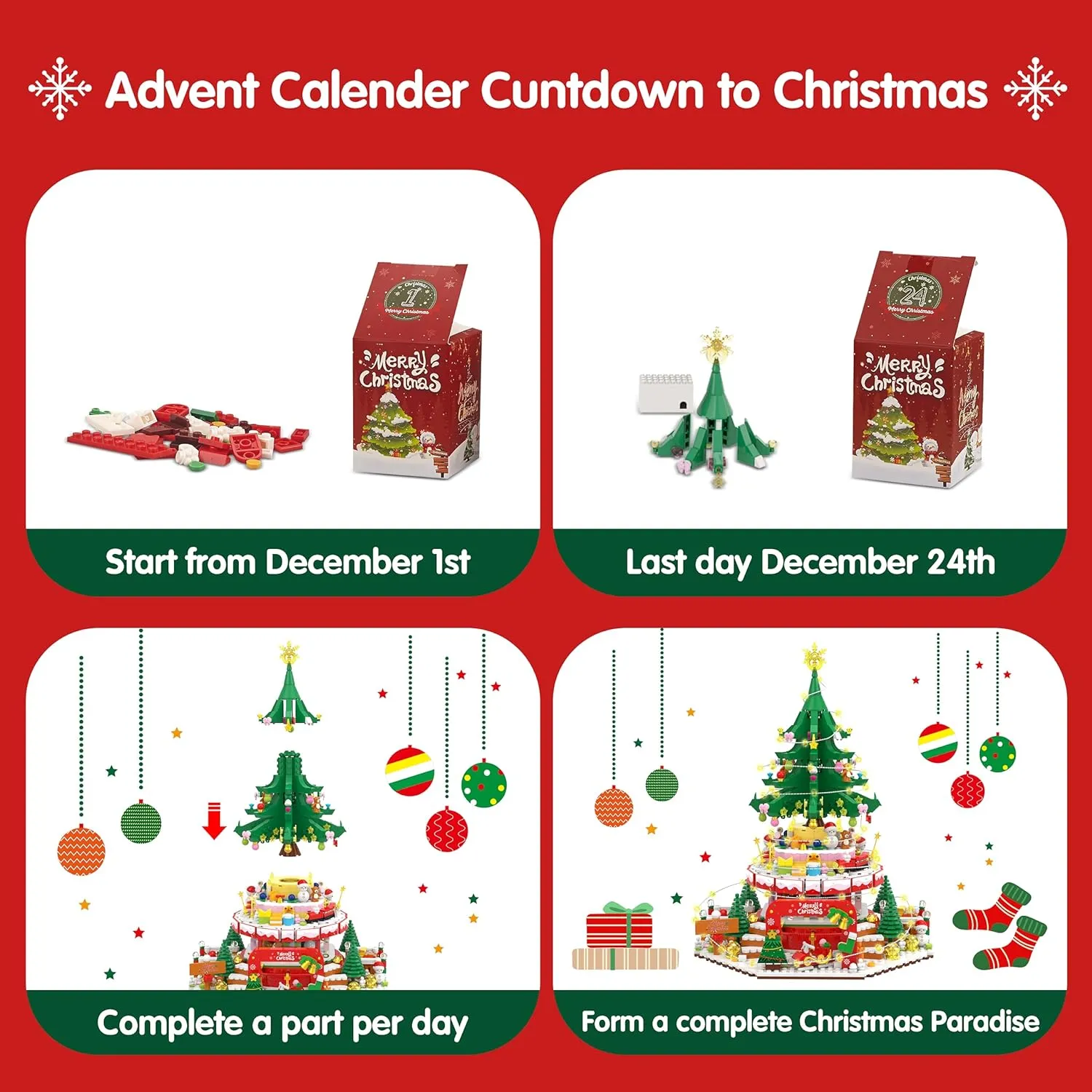 Advent Calendar 2023 Christmas Paradise Building Blocks Set, 24 Days 1814 Pieces Christmas Countdown Calendar Building Toy Set for Kids Adul