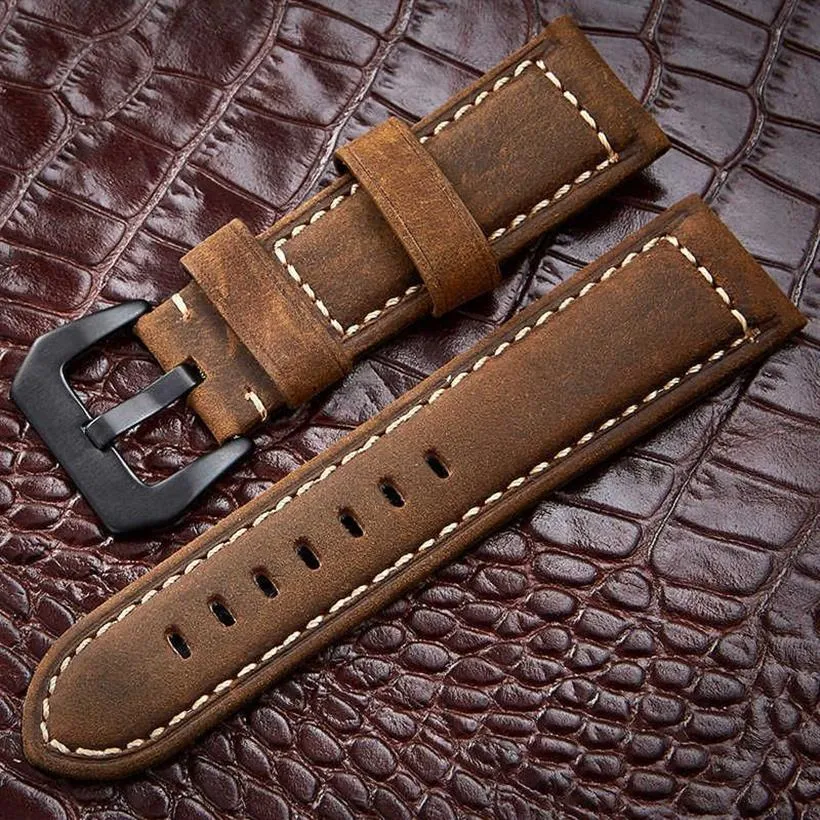 Watchbands 20 22 24 26mm Orijinal Deri Koyu Kahverengi Siyah Adam Kadınlar El Yapımı Vintage Scrub Bilek İzle Band Strap Metal Toka T19326S