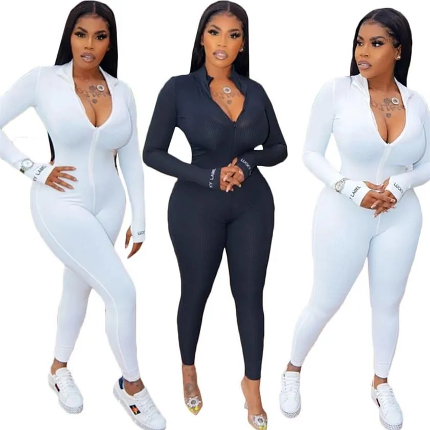 High Elastic Fitness Rompers Womens Jumpsuit Deep o Neck Full Sleeve Bodycon Overall Streetwear Black White Club Party Body Suit279I