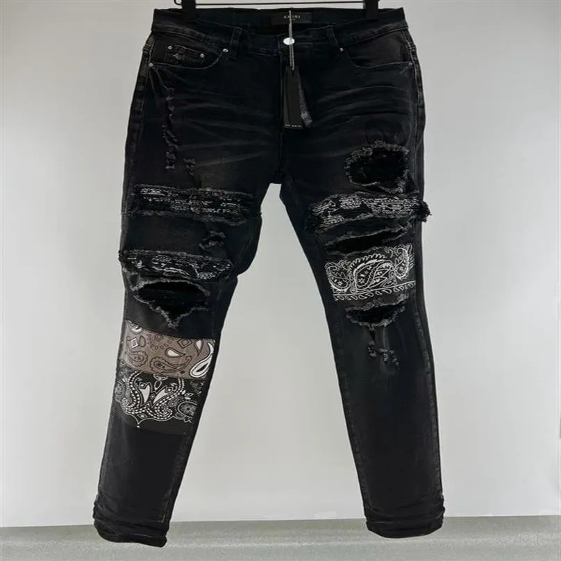 Falection mens 22fw de alta qualidade jeans dos homens do exército bandana marrom angustiado motocicleta motociclista jean magro rasgado buraco listra or282z