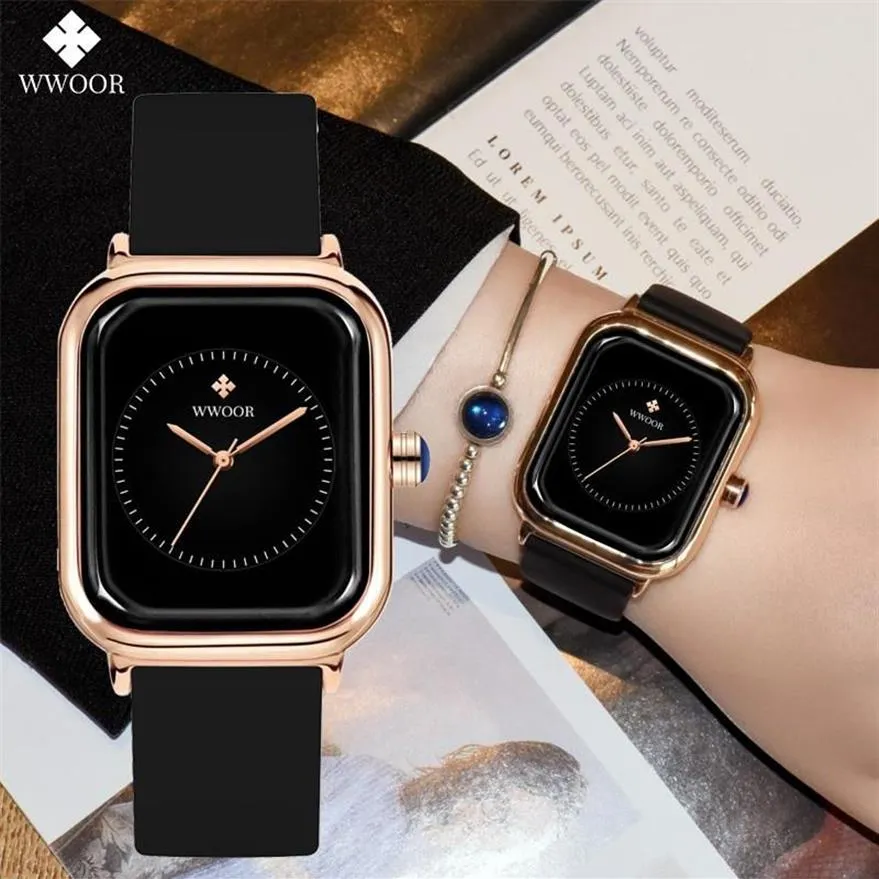 Montres-bracelets WWOOR Top Femmes Mode Noir Montre Silicone Dames Carré Quartz Horloge Élégant Poignet Montres245e