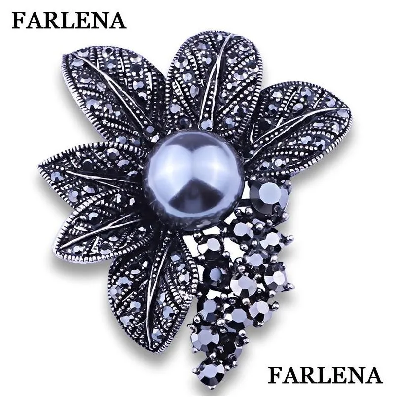 Pins Broschen Farlena Schmuck Imitierte graue Perle Kristall Blumenpullover und Vintage schwarze Strassbrosche für Frauen Drop Lieferung Dhzok