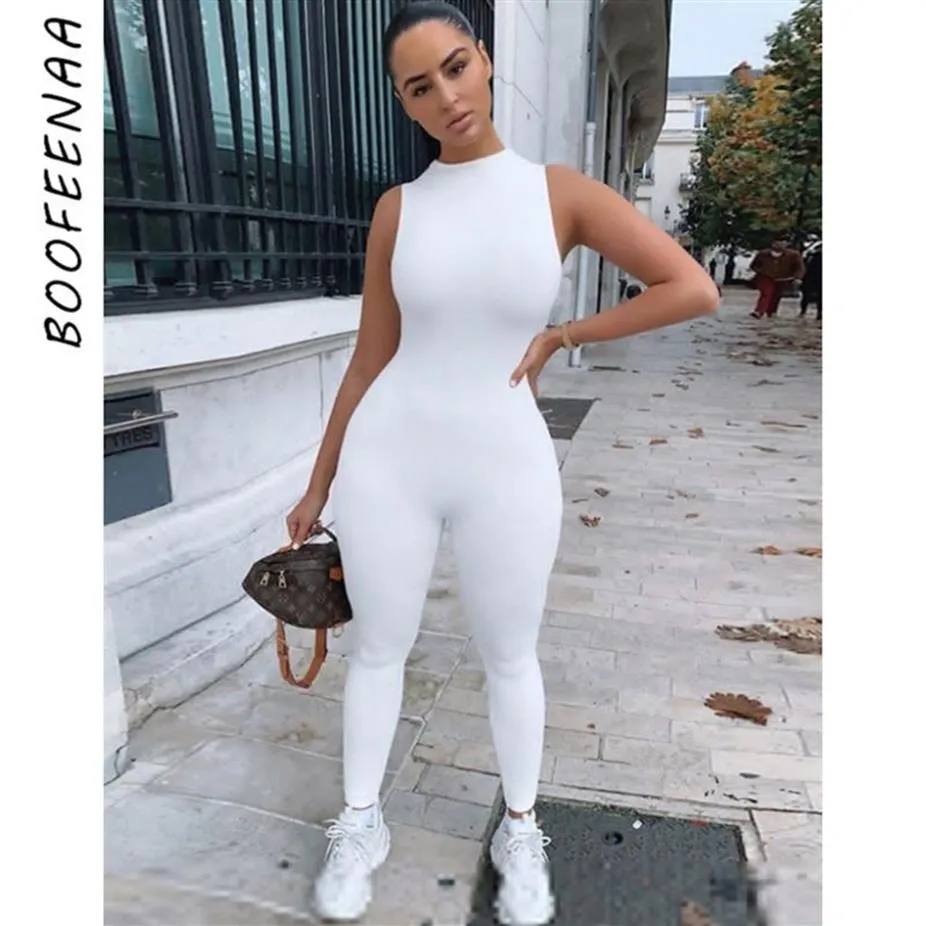 Boofeenaa sportowy kombinezon Kobiety lato 2020 biały czarny rękaw Bodycon One Piece Jumpsuits Sexy Club Stroje C92-AB54 T200808258Q