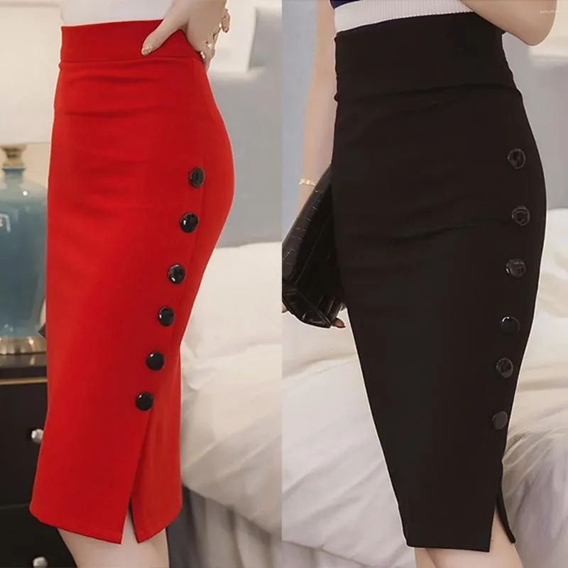 スカートファッション女性用鉛筆スカートカジュアルレディースハイウエストサイドボタンデザインエレガントなスリムスプリットオフィスマルチサイズ