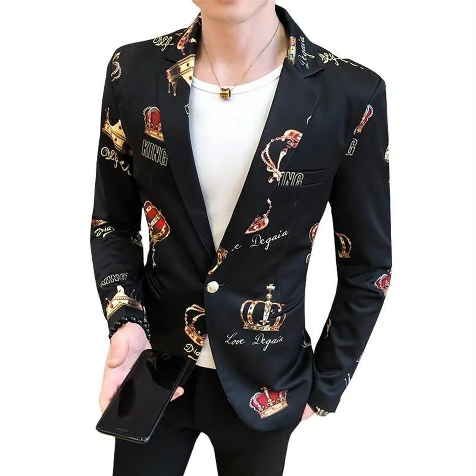 Blazer stampato con corona di diamanti fantasia Giacca da uomo per festa di nozze Blazer da uomo Slim Fit Casual Smart Jaqueta2059