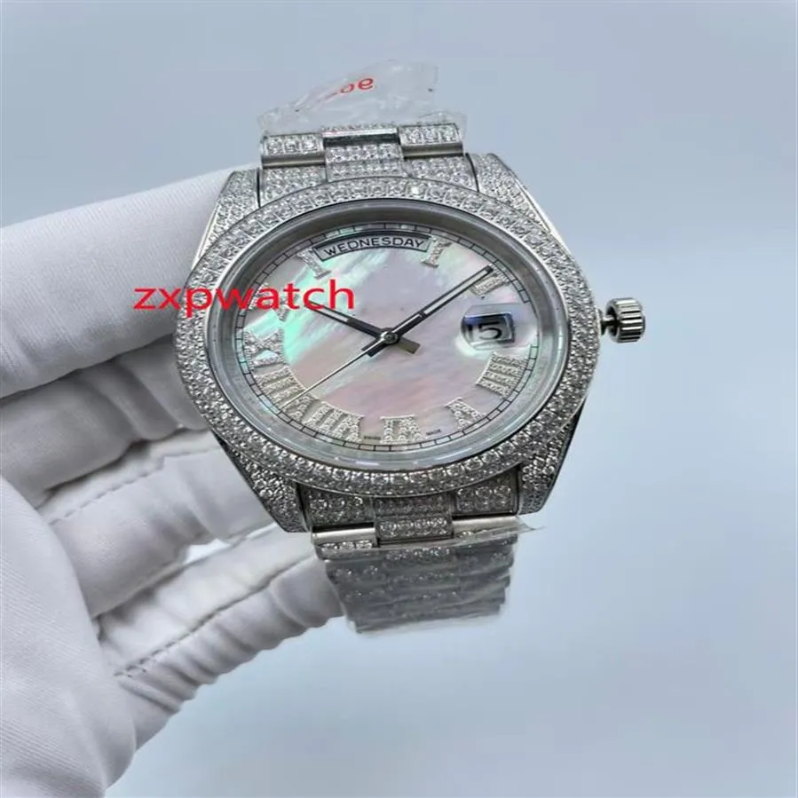 Silver 904 stainless steel CZ Diamonds Watch Roman numerals shell dial Automatic self-winding Men Luxury Full Iced Out Zircon 41mm211V