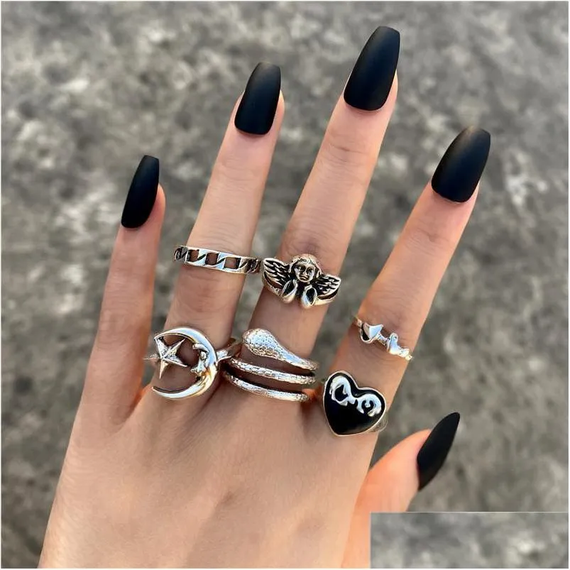 Cluster Ringen Mode Gothic Moon Star Set Vrouwen Punk Metaallegering Hart Angel Finger Ring Voor Mannen Lady Party sieraden Geschenken Drop Delive Dhikq