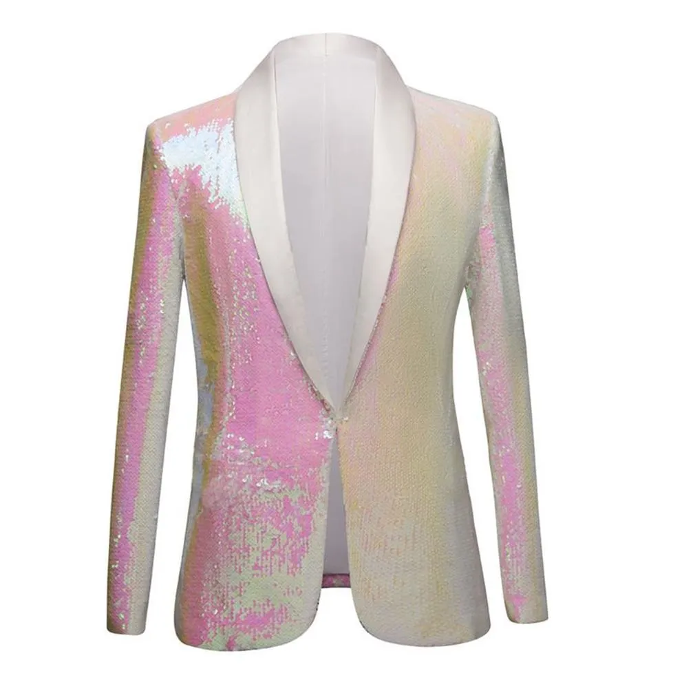 Erkekler saf beyaz pembe pullu şal yaka takım elbise blazer çift taraflı moda erkek balo elbise ceket ceket gece kulübü şarkıcı ince fit inia294h