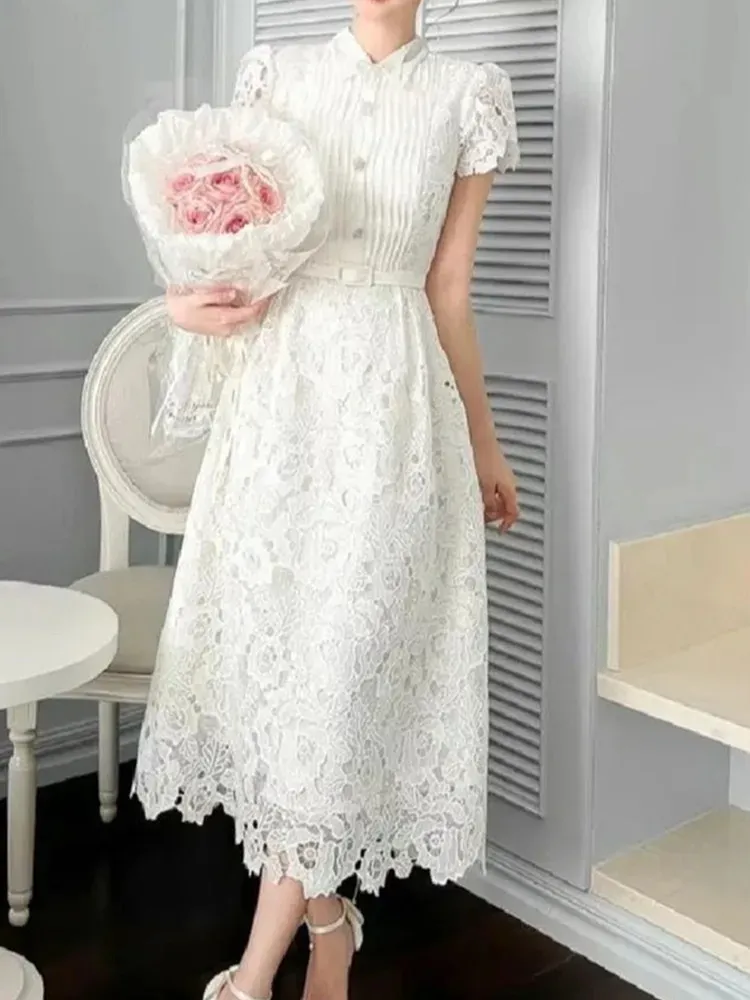Vintage Lace Midi Dress for Women - Elegant Runway Style with Hollow Out Detail, Short Sleeves, and Basic Casual Style - Perfect for Summer Parties Vintage Lace Midi Dress for Women - Elegant Runway Style with Hollow Out Detail, Short Sleeves, and Basic Casual Style - Perfect for Summer Parties
