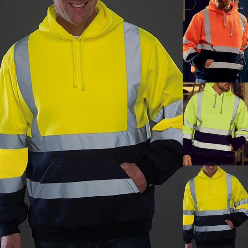 Herrtröjor reflekterande strip pullover hoodie coat hög synlighet mode långärmad färg matchande huvjacka dragkedja tröja