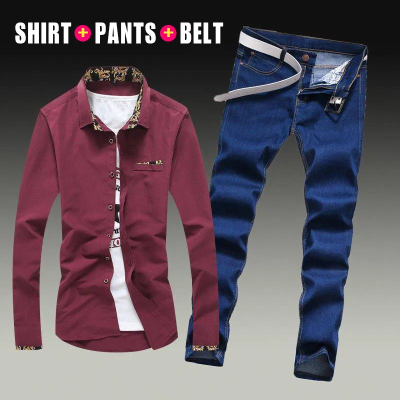 Spring Autumn Men's Long Sleeve Shirt Cotton Blends Jeans Pants 3pcs Set Casual Style Printing White Sky Blue Male Clothes R231004