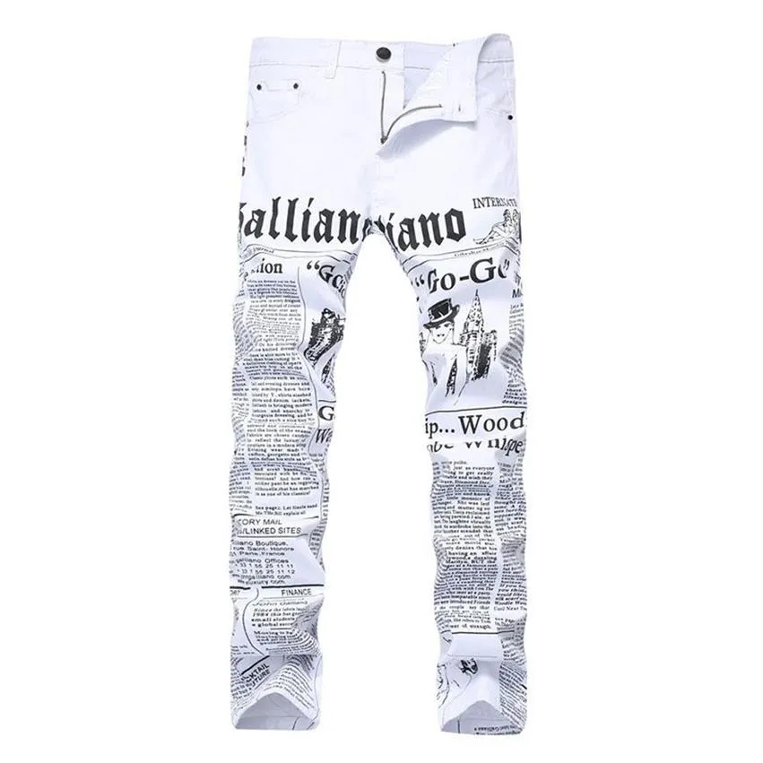 Männer Jeans Männer Gerade Slim Fit Skinny Weiße Farbe Hosen Brief Gedruckt Mode Männliche Denim Hosen Drop240S