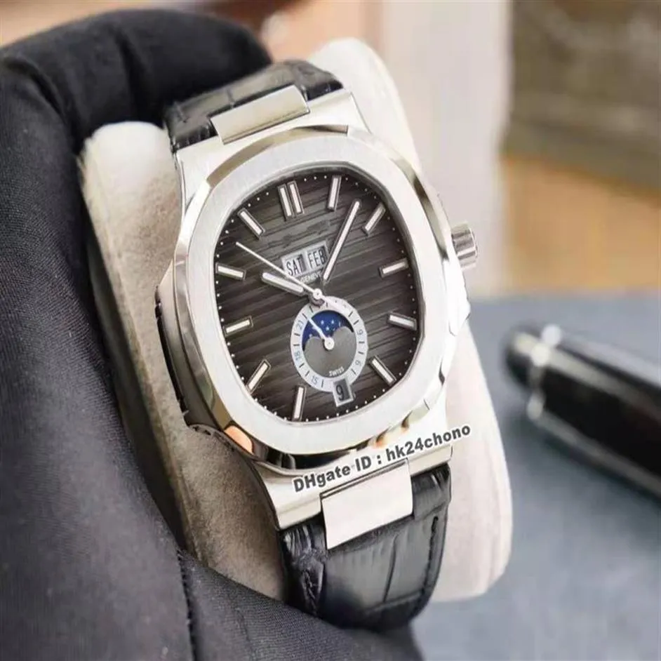 Relógios de alta qualidade YR 5726A-001 Nautilus Calendário Anual Aço Inoxidável CAL 324 Autoamtic Mens Watch Black Dial Leather Strap S264i