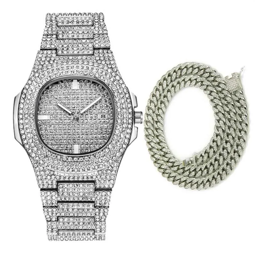 Moda Erkekler 2020 Diamond Watch Su Geçirmez Kuvars Sıradan Erkek Saat Hip Hop Buzlu 18K Altın Kolye Takı296U