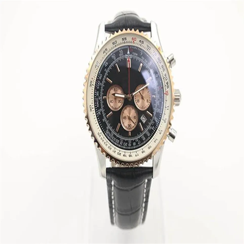 Novo estilo relógio de quartzo função cronógrafo cronômetro mostrador preto ouro canelado caso cinto de couro prata esqueleto 1884 navitimer watchc240n