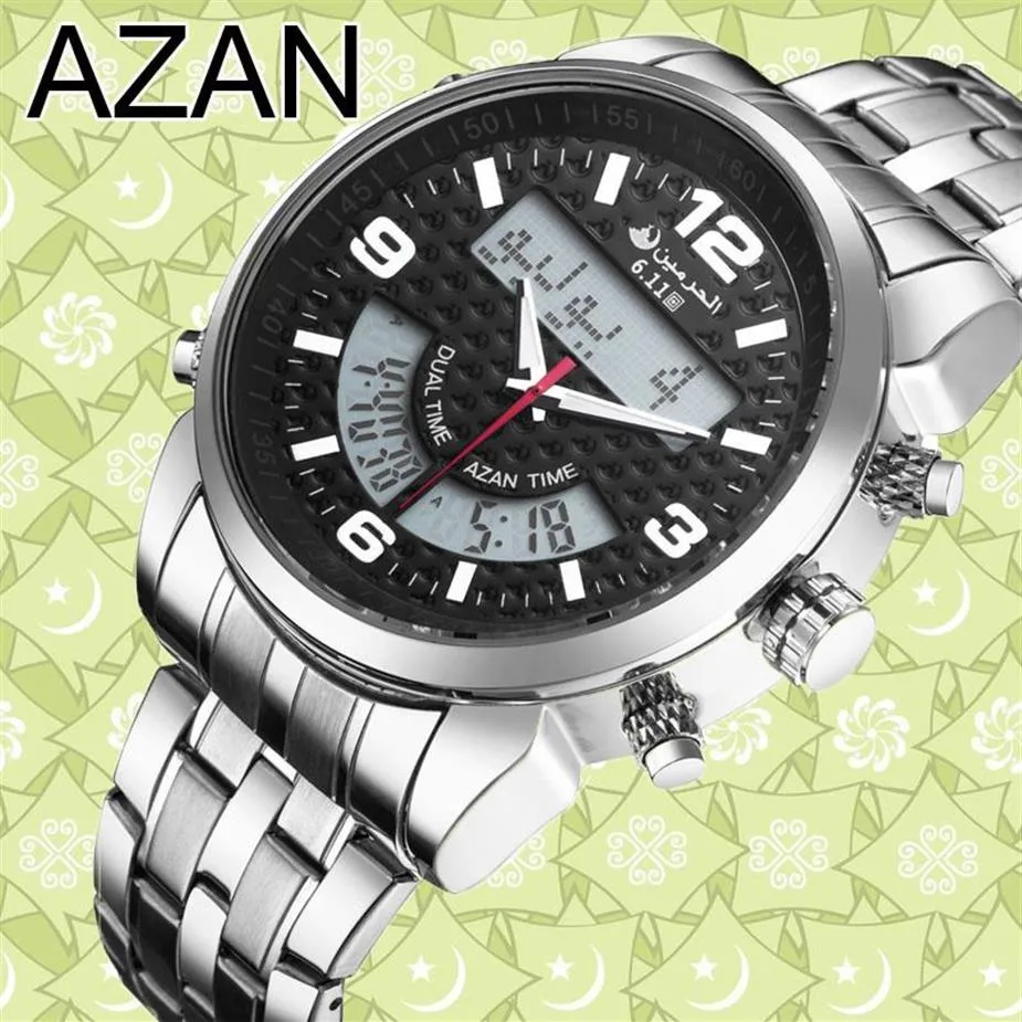 6 11 Nytt rostfritt stål LED Digital Dual Time Azan Watch 3 Colors Y19052103273b