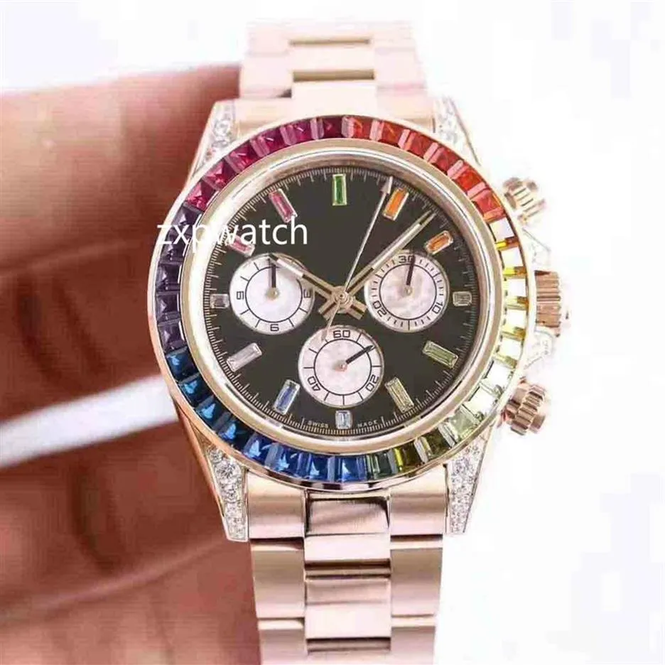 Automatyczne różowe złoto Rainbow Watch Full Works No Chronograph Funkcja Baguette Diamonds Bezel Men Zegarwatch 40 mm Wysoka jakość 248g
