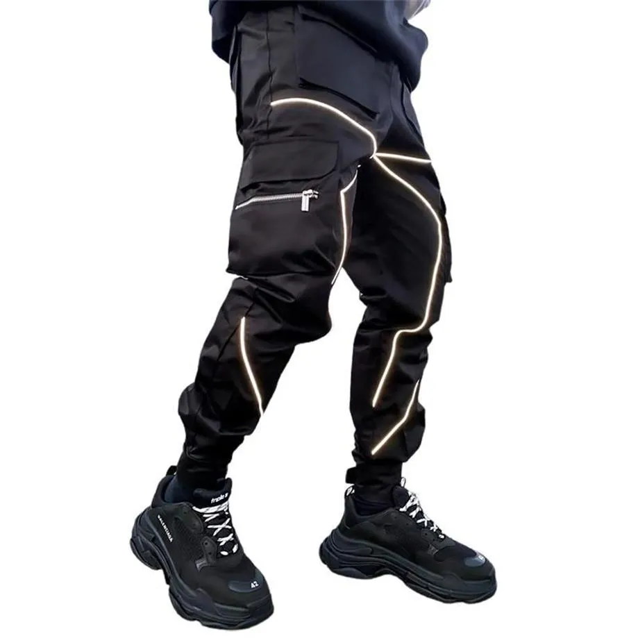 Spring Autumn Cargo Pants Men Fashion Hip Hop Cool High Street Joggers Nighttime Reflective Trousers Casual Men's Sweatpants237q