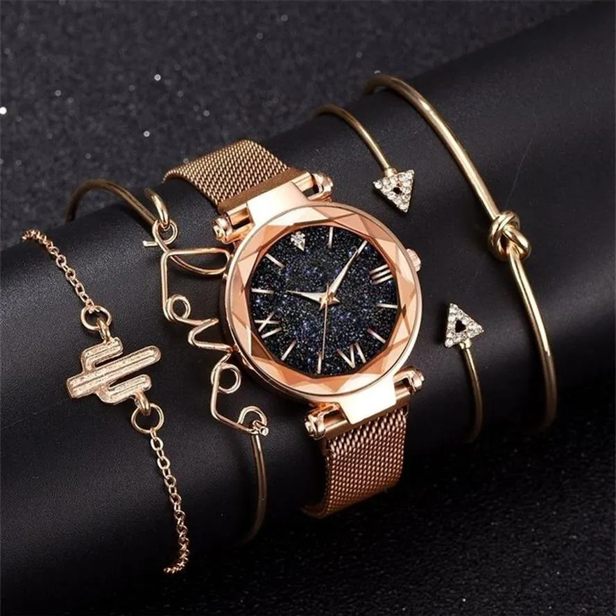 Fashion Bracelet Watches Women 5 Pcs Set Luxury Rose Gold Lady Watches Starry Sky Magnet Buckle Gift Watch for Female 201204296S