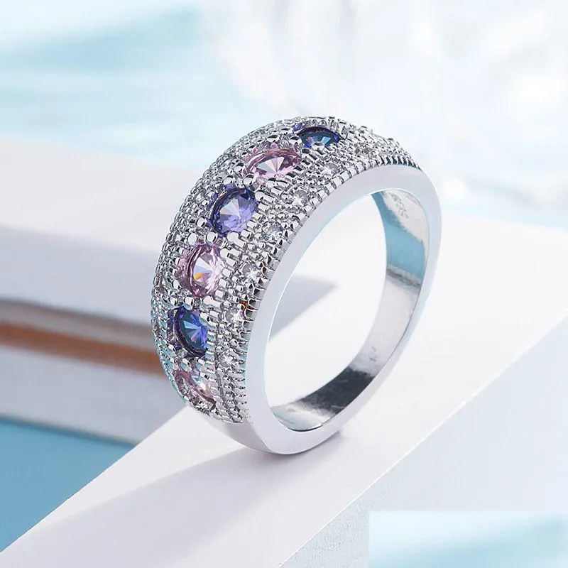 Anéis de banda rosa anel de noivado de cristal com cor sier aaa cz pedra para mulheres zircon festa jóias presente anillos mujer gota entrega dh8ch