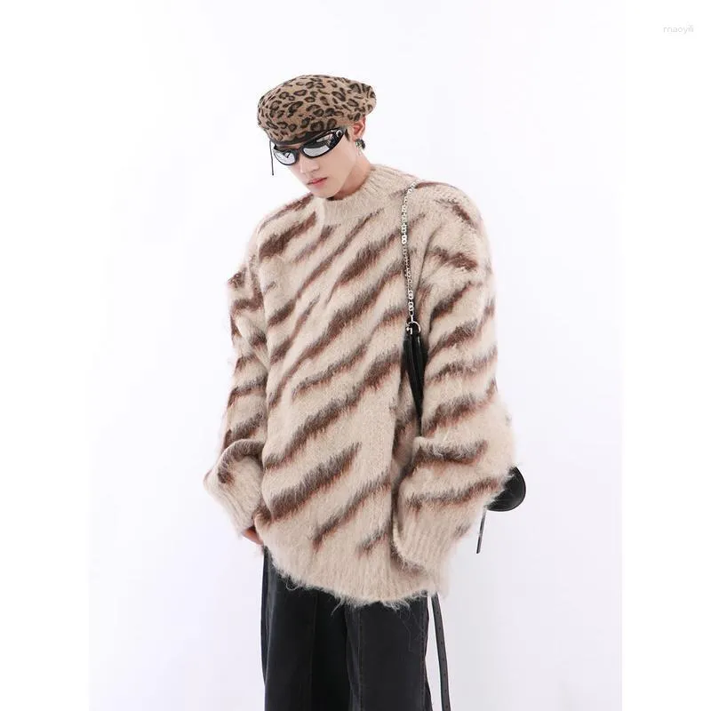 Männer Pullover Mode Nische Unregelmäßige Kontrastfarbe Zebra Muster Oansatz Pullover Lose Beiläufige High Street Oberbekleidung Strickwaren