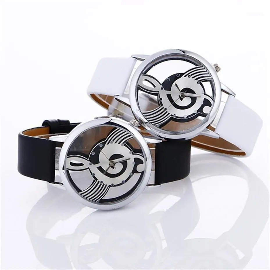 Wristwatches Lady Womans Wrist Watches Simple Casual Engraving Hollow Stylish Musical Note Painted Leather Bracelet Watches13516