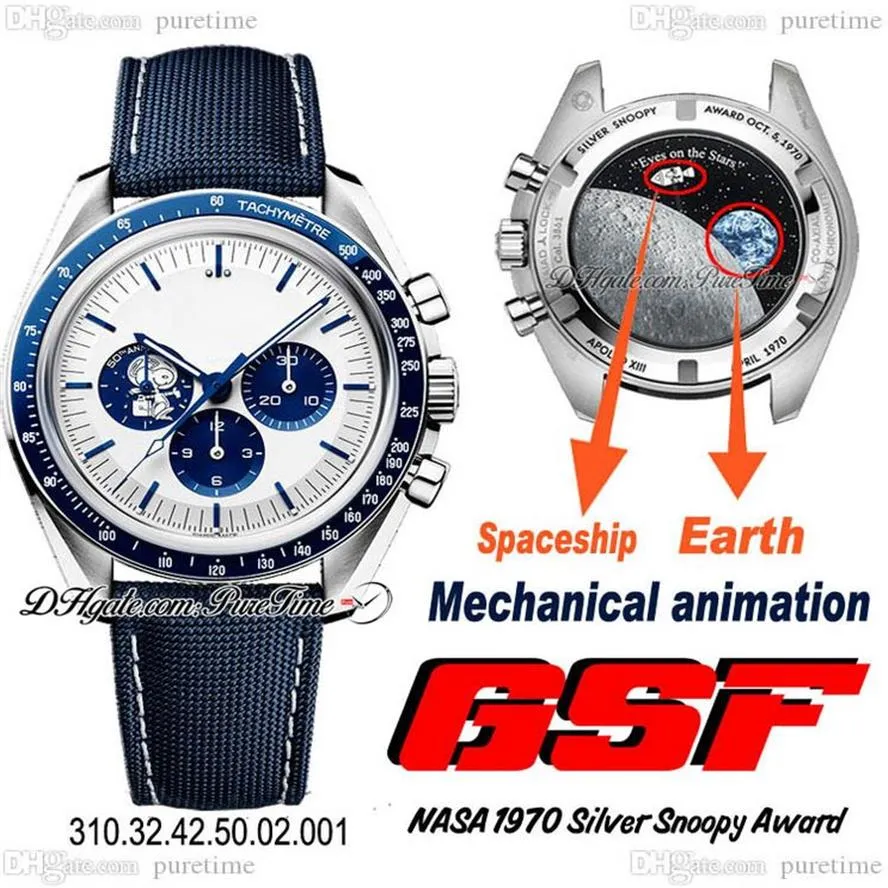 GSF MoonWatch A7750 Automatyczne chronograp męskie zegarek Silver Snoop Award 50. rocznica Białe wybieranie Blue Nylon Tkanina Pasek Real Me263X