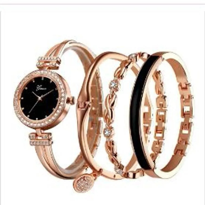 4 pçs conjunto feminino rosa ouro diamante pulseira relógio de luxo jóias senhoras feminino menina relógio casual quartzo relógios de pulso wy105238h