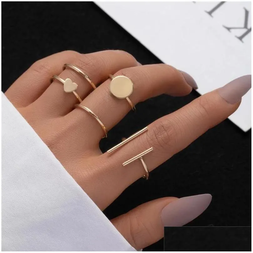 Ringe Mode Gold Farbe Runde Herz Geometrische Set für Frauen Minimalismus Dünner Kreis Offener Ring Joint Knuckle Weibliche Schmuck Drop Deliv Dhhym