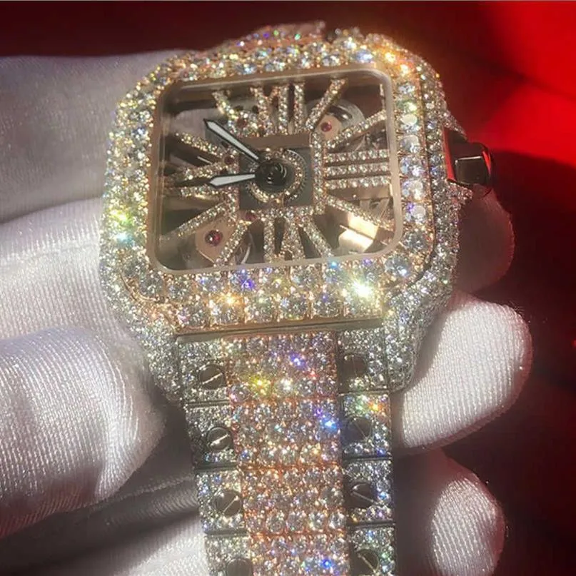 Наручные часы Новая версия VVS1 Часы с бриллиантами Розовое золото, смешанные часы Sier Skeleton Watch PASS TT Кварцевый механизм Лучшие мужские роскошные часы Iced Out S234d