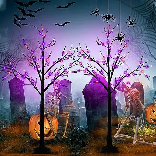 Paquet de 2 arbres d'Halloween noirs éclairés de 4 pieds avec 96 LED orange et lumières violettes de taille supérieure sur pied, décorations d'Halloween Spo