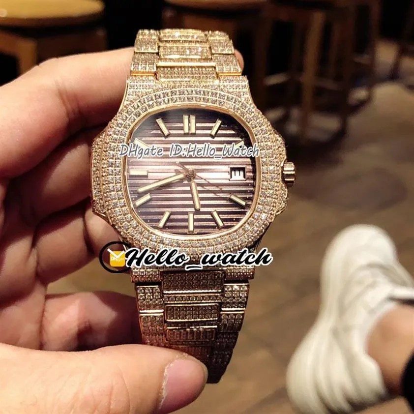 Nuovo 5711 5711 1A quadrante con texture marrone Miyota orologio automatico da uomo in oro rosa completamente ghiacciato braccialetto di diamanti orologi sportivi HWPP Hello233Y